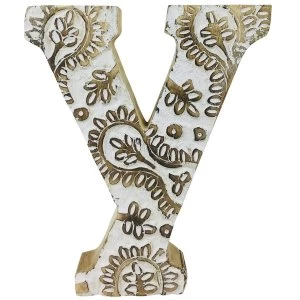 Letter Y Hand Carved Wooden White Flower