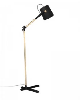 Floor Lamp with Black Shade 1 Light E27, Matt Black, Beech with Black Shade