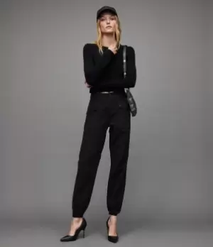 AllSaints Womens Val High-Rise Linen Blend Trousers, Black, Size: 12