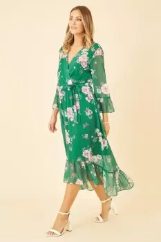 Green Floral Wrap Dress With Dipped Hem