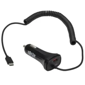Tripp Lite U280-C02-30W-C6 Dual-Port USB Car Charger with 30W Charging - USB-C (18W) QC 3.0 USB-A (12W) Coiled 6 ft. (1.83 m) USB-C Cable Black