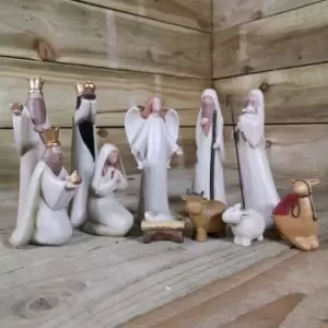 20cm Tall 11 Piece Luxury Festive White Wood Effect Christmas Nativity Scene Set