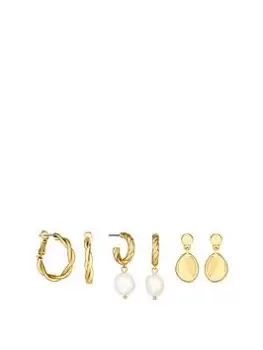 Mood Gold Crystal And Polished Organic Mixed Earrings - Pack of 3, Gold, Women