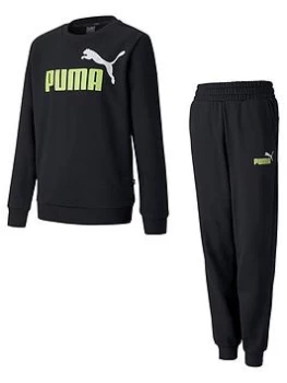 Boys, Puma Essentials 2 Crew Sweatshirt & Logo Pant Set - Black/Lime, Black/Lime, Size 5-6 Years