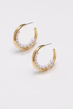 Gold Freshwater Pearl Caged Hoop Earrings