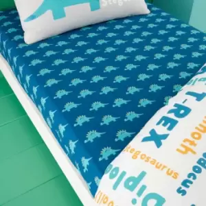 D Is For Dino Print Childrens 100% Cotton Fitted Sheet, Blue, Single, 2 Pack - Cosatto