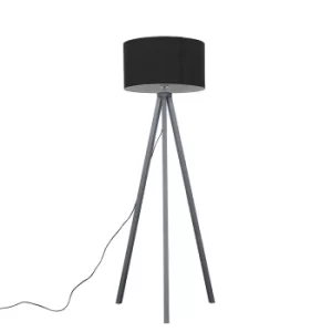 Barbro Painted Grey Wood Tripod Floor Lamp With XL Black Shade