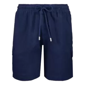Men Linen Bermuda Shorts Cargo Pockets - Baie - Blue - Size L - Vilebrequin