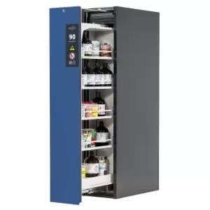 asecos Type 90 fire resistant vertical pull-out cabinet, 1 drawer, 4 tray shelves, grey/blue
