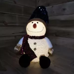 65cm Warm White Festive LED Christmas Snowman Decoration With Sequin Blue Hat & Pink Scarf