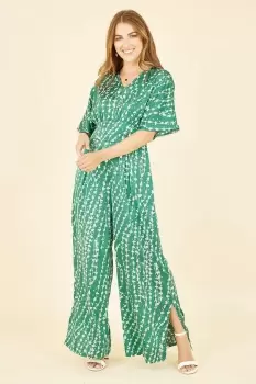 Green Abstract Print Kimono Sleeve Jumpsuit