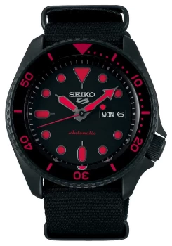 Seiko 5 Sports Mens Black Nylon Strap Black/Red Dial Watch