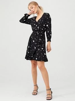 Oasis Star Print Frill Skater Dress - Multi/Black, Multi Black, Size 10, Women