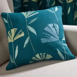 Dacey Contemporary Floral Print 100% Cotton Piped Edge Filled Cushion, Teal, 43 x 43cm - Fusion