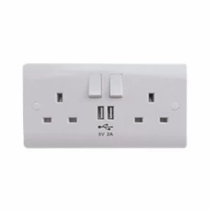 ESR Sline 13A White 2G 230V UK 3 Switched Electric Wall Socket and 2 USB Charger Port