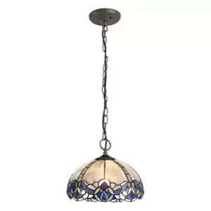 3 Light Downlight Ceiling Pendant E27 With 30cm Tiffany Shade, Blue, Clear Crystal, Aged Antique Brass - Luminosa Lighting