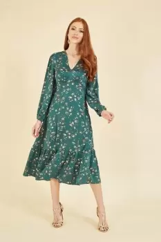 Green Pebble Print Long Sleeve Midi Dress