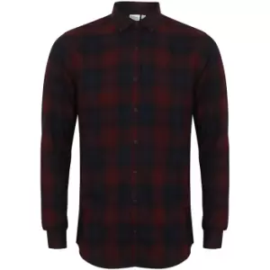 Skinni Fit Mens Brushed Check Casual Long Sleeve Shirt (M) (Burgundy Check)