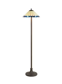 2 Light Stepped Design Floor Lamp E27 With 40cm Tiffany Shade, Blue, Crystal, Aged Antique Brass