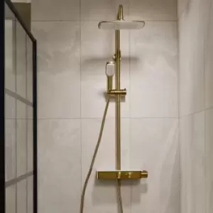 Brushed Brass Triton Push Button Thermostatic Mixer Bar Shower with Square Overhead & Handset