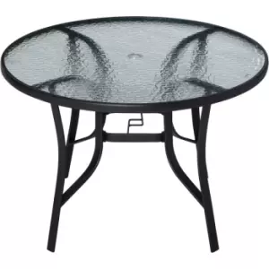 106cm Round Garden Dining Table with Parasol Hole Tempered Glass Top - Black - Outsunny