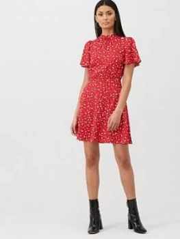 Oasis Ditsy Print High Neck Skater Dress - Red , Multi Red, Size 18, Women