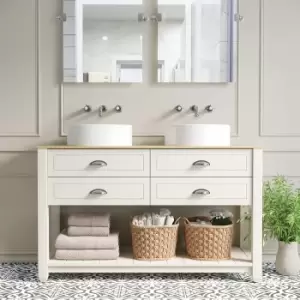 1250mm Cream Countertop Double Vanity Unit with Wood Effect Top and Basins - Kentmere