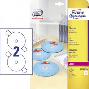 Avery-Zweckform CD labels L7760-25 Ø 117mm Paper White 50 pcs Permanent Photo quality, Opaque, Fully writable, Smearproof Laser