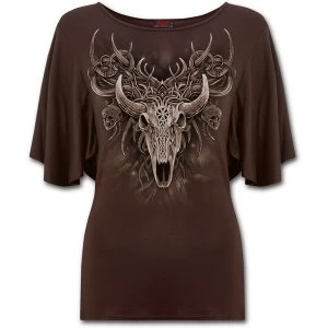 Horned Spirit Womens X-Large Boat Neck Bat Sleeve Top - Chocolate Brown