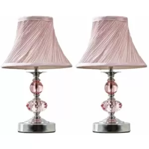 2 x Chrome And Pink Touch Table Lamps + Pleated Shade - No Bulbs