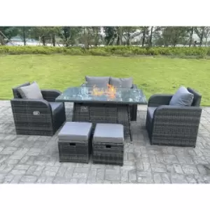 Fimous - Dark Mixed Grey Rattan Outdoor Garden Furniture Gas Fire Pit Table Sets Gas Heater Love Sofa Recling Adjustable Chairs Footstools 6 Seater