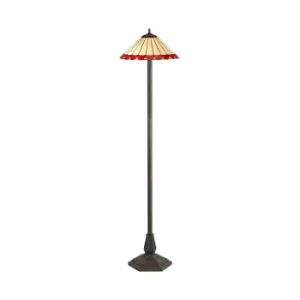 2 Light Octagonal Floor Lamp E27 With 40cm Tiffany Shade, Red, Crystal, Aged Antique Brass