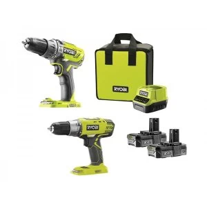 Ryobi ONE+ 18V Cordless Combi Drill and Drill Driver Twin Pack 2 x 2.0Ah Li-ion with Carry Case