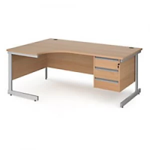 Dams International Left Hand Ergonomic Desk with Beech Coloured MFC Top and Silver Frame Cantilever Legs and 3 Lockable Drawer Pedestal Contract 25 18