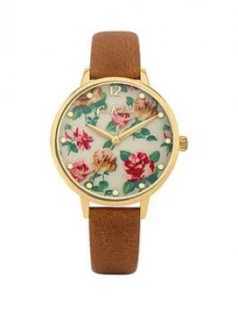Cath Kidston Cath Kdiston Somerset Rose Flower Printed Dial Tan Leather Strap Watch