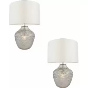 2 pack Grey Tinted Faceted Glass Twin Table Lamp & Vintage White Fabric Shade
