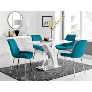 Atlanta 4 White Dining Table and 4 Blue Pesaro Silver Leg Chairs - Blue