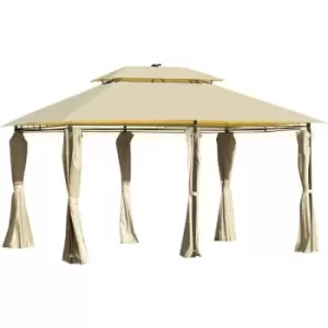 4 x 3(m) Outdoor Gazebo Canopy Party Tent Garden Pavilion Patio Shelter w/ LED Solar Light, Double Tier Roof, Curtains, Steel Frame, Khaki - Outsunny