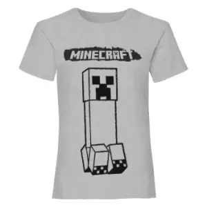 Minecraft Girls Creeper Monochrome Heather T-Shirt (7-8 Years) (Heather Grey)