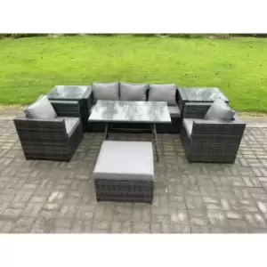 6 Seater Rattan Outdoor Furniture Garden Dining Set with Oblong Dining Table 2 Side Tables Big Footstool 2 Armchairs Dark Grey Mixed - Fimous