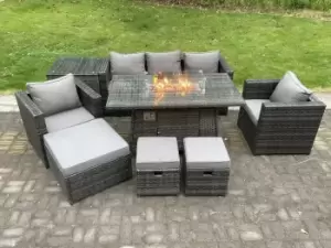 8 Seater Wicker PE Rattan Garden Furniture Set Gas Fire Pit Dining Table Gas Heater Burner 2 Armchairs
