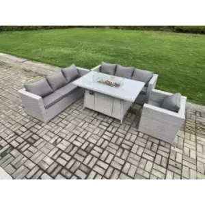 7 Seater Outdoor Garden Dining Sets Rattan Furniture Gas Fire Pit Dining Table Gas Heater with Armchair Light Grey - Fimous