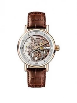 Ingersoll 1892 The Herald Rose Gold And Grey Skeleton Dial Brown Leather Strap Automatic Mens Watch