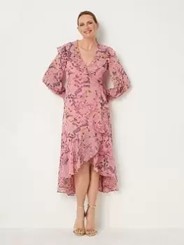Wallis Botanical Ruffle Neck Wrap Dress - Pink, Size 16, Women