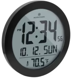 Marathon Clock Round Digital Wall Date and Temperature Black Steel