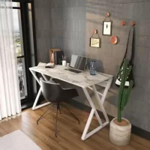Gyza Modern Metal Frame Computer Desk ,Writing Desk With Metal Legs- White Marble Pattern And White - Decorotika