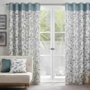 Beechwood Leaf Trail 100% Cotton Eyelet Lined Curtains, Duck Egg, 66 x 90" - Fusion