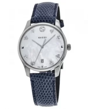 Gucci G-Timeless Mother of Pearl Dial Blue Leather Strap Womens Watch YA1264049 YA1264049