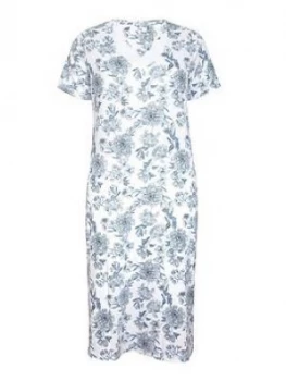 Evans Blue Floral Long Night Dress, White, Size 14-16, Women