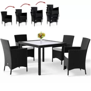 Deuba Poly Rattan Garden Furniture Dining Table and Chairs Set Rectangular Glass Top Stackable Beige or Black Outdoor Patio Dining Set (Black)